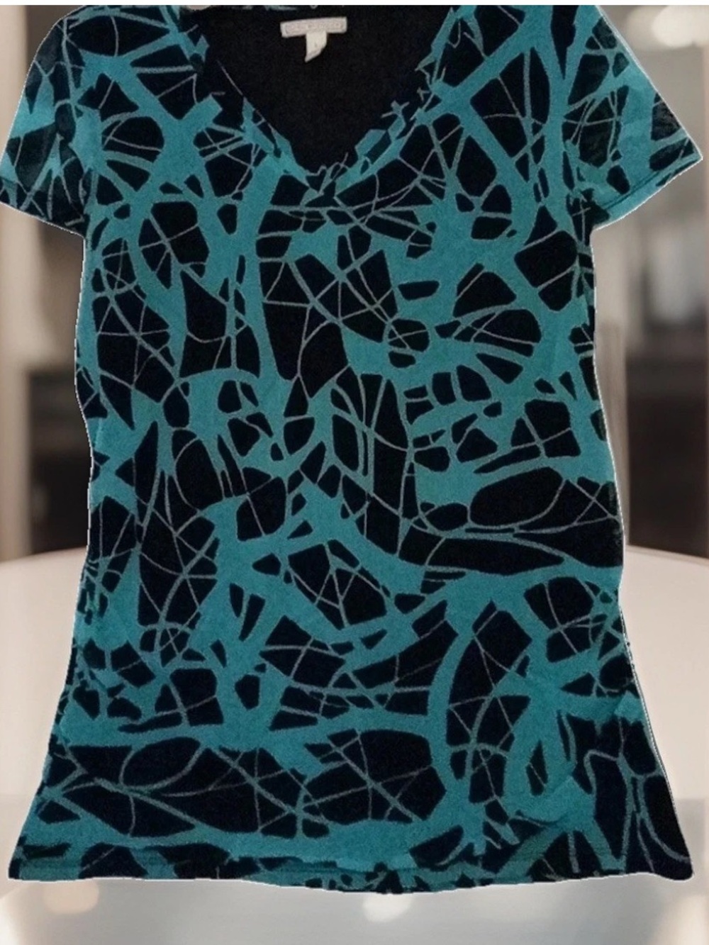 Dana Buchman Top L Artsy Black Teal Print Stretch Knit Mesh Casual Shirt Blouse